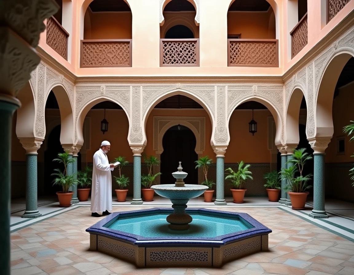 Patio intérieur d'un riad traditionnel à vendre dans la médina de Marrakech avec fontaine en zellige et arcades en plâtre sculpté