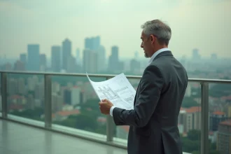 Homme en costume sur la terrasse d'un penthouse en hauteur avec vue sur la skyline urbaine et des plans architecturaux
