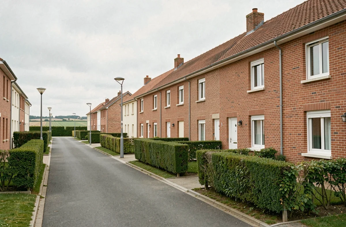 Rangée de maisons en briques rouges typiques d'un programme Pierres et Territoires de France Nord dans une ville du Nord