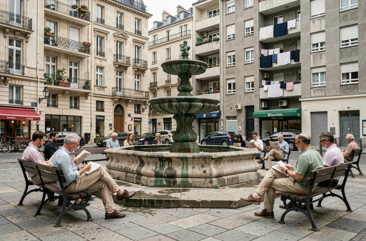Place publique d'un quartier populaire de Montpellier avec des habitants assis autour d'une fontaine