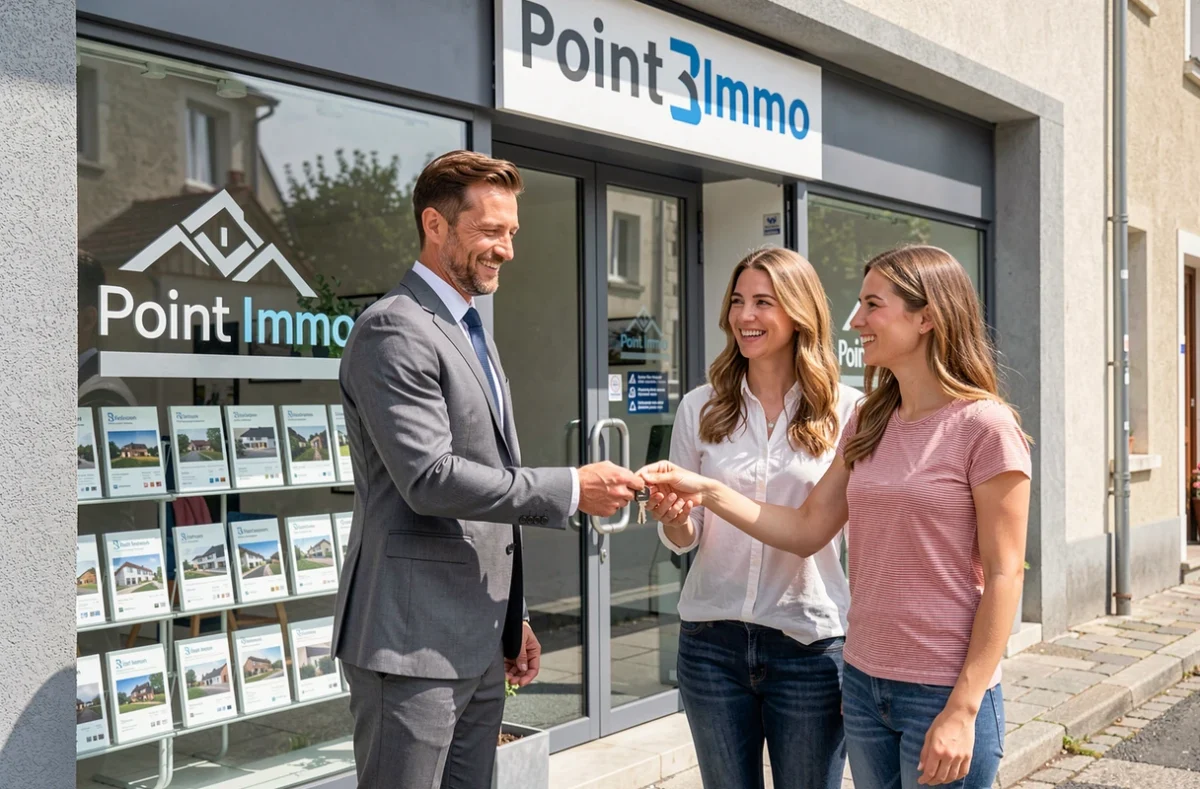 Agent de Point Immo remettant des clés à un couple devant la façade de l'agence immobilière en Aveyron