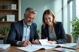 Deux adultes professionnels souriants dans un bureau moderne