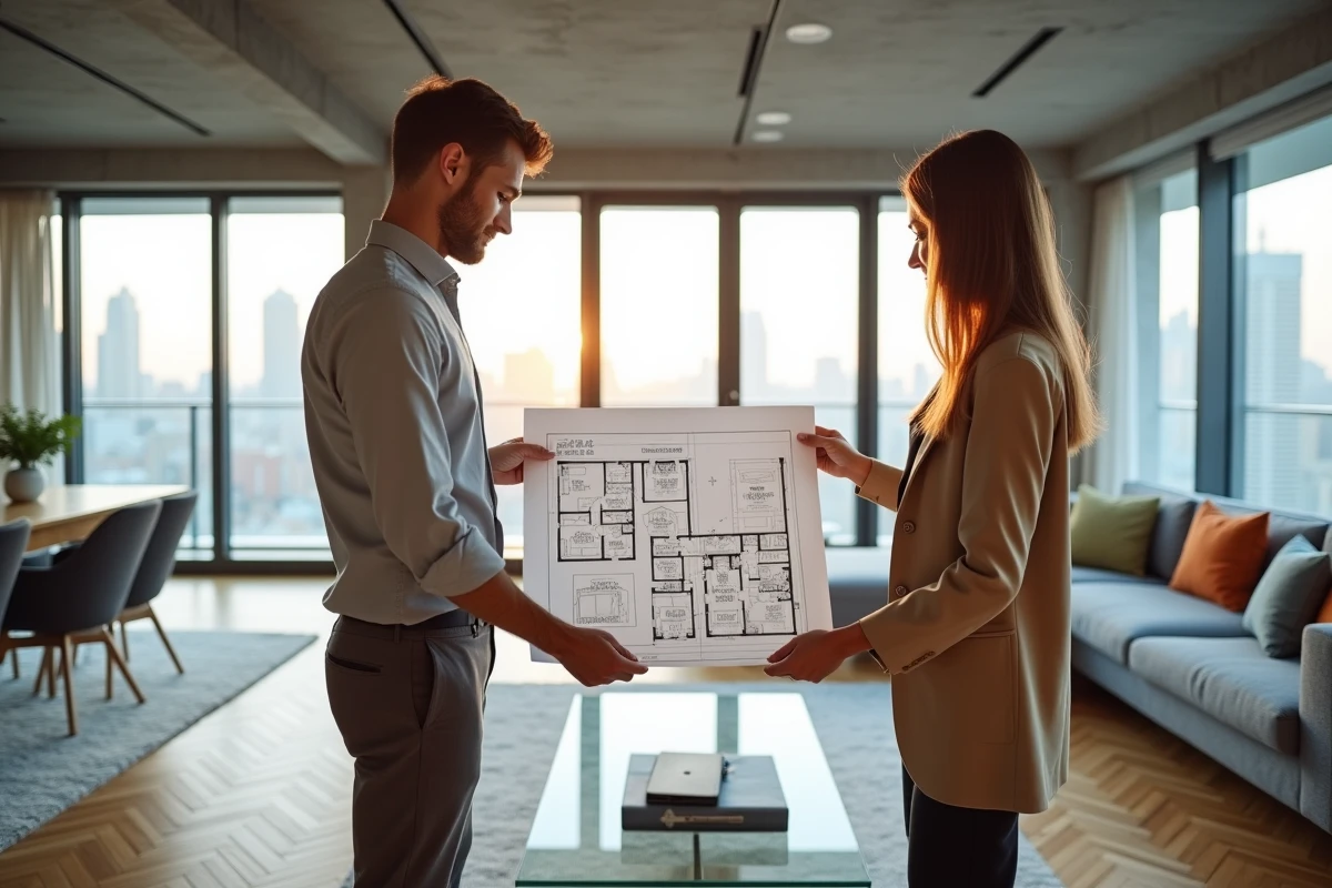 Deux professionnels de l'immobilier examinant les plans d'un appartement moderne dans le cadre des nouvelles réglementations 2026