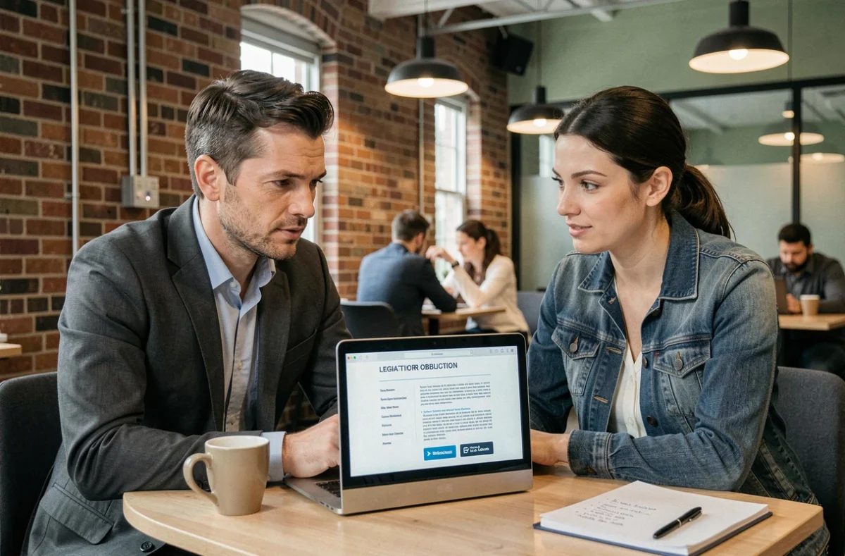 Deux professionnels consultant des obligations légales d'une plateforme d'investissement immobilier sur un ordinateur portable dans un espace de coworking