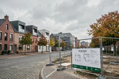 Vue large d'un quartier en développement immobilier dans le Pas-de-Calais, mêlant bâtiments neufs et briques traditionnelles du Nord de la France