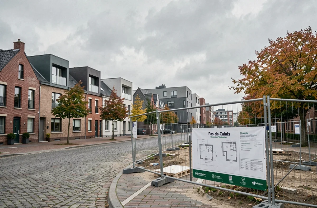 Vue large d'un quartier en développement immobilier dans le Pas-de-Calais, mêlant bâtiments neufs et briques traditionnelles du Nord de la France