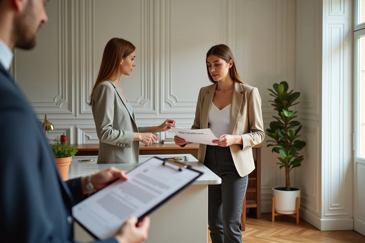 Propriétaire et gestionnaire immobilier discutant d'un contrat de bail et de l'optimisation des charges locatives dans un appartement rénové