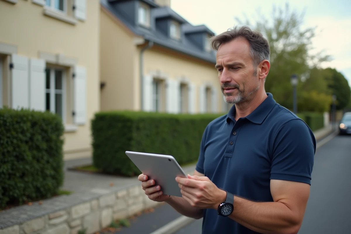 Propriétaire homme devant sa maison tenant une tablette avec une estimation immobilière gratuite en ligne