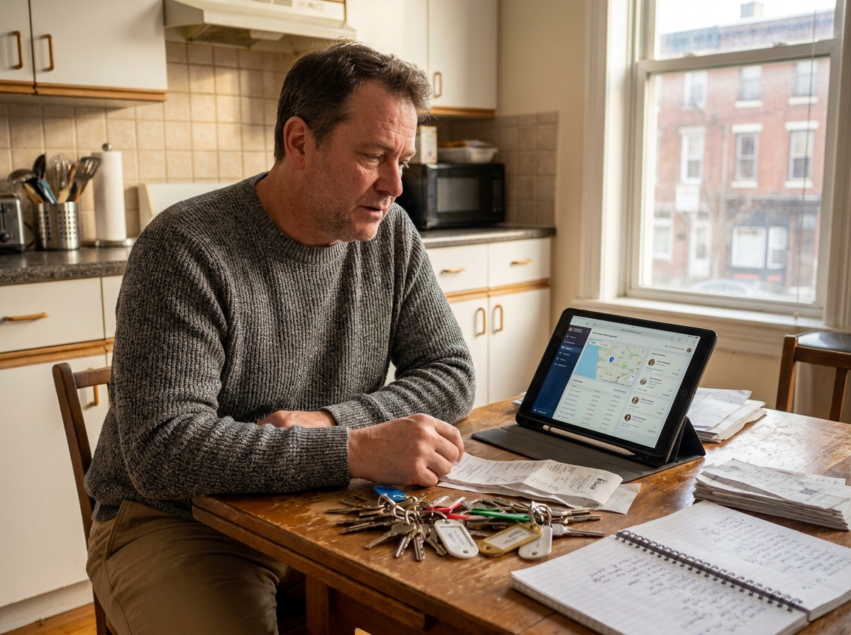 Propriétaire dépassé par la gestion de plusieurs lots meublés entouré de clés, reçus et d'une tablette affichant une application de gestion locative
