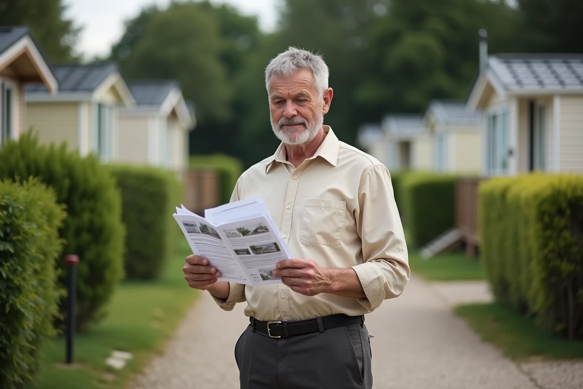 Propriétaire d'un mobil-home consultant des documents administratifs et réglementaires devant son emplacement de camping