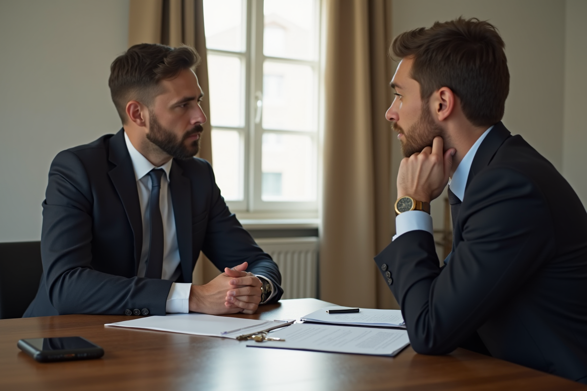 Propriétaire et locataire discutant avec documents et clés sur la table
