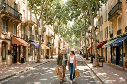 Rue animée d'un quartier de Montpellier avec des immeubles résidentiels et des piétons se promenant sur le trottoir