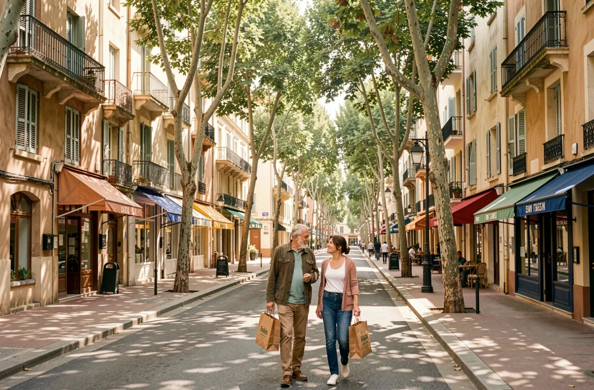 Rue animée d'un quartier de Montpellier avec des immeubles résidentiels et des piétons se promenant sur le trottoir