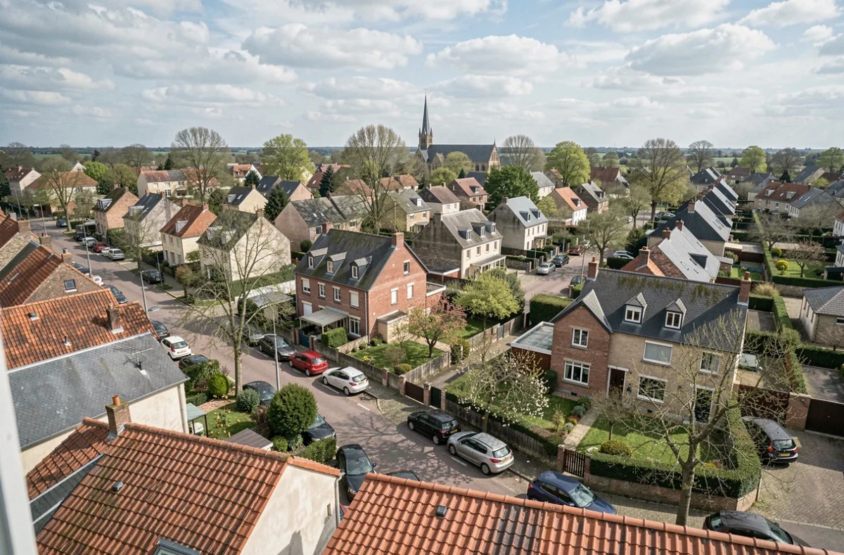 Vue panoramique d'un quartier résidentiel de Beauvais avec maisons pavillonnaires, jardins et toits en ardoise au printemps