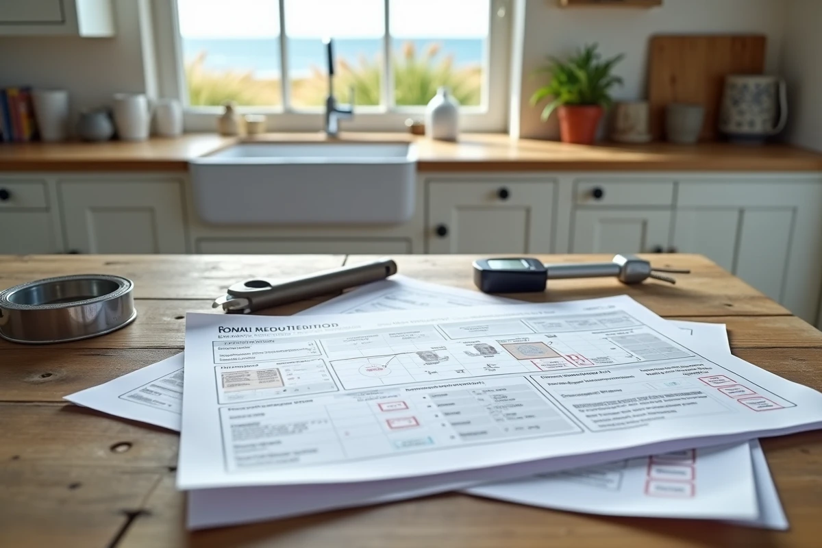 Rapport de diagnostic immobilier détaillé posé sur une table en chêne dans une maison normande en bord de mer avec outils de mesure
