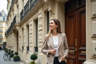 Jeune femme professionnelle tenant des clés devant un immeuble haussmannien parisien, illustrant la recherche de logement à Paris via une annonce immobilière