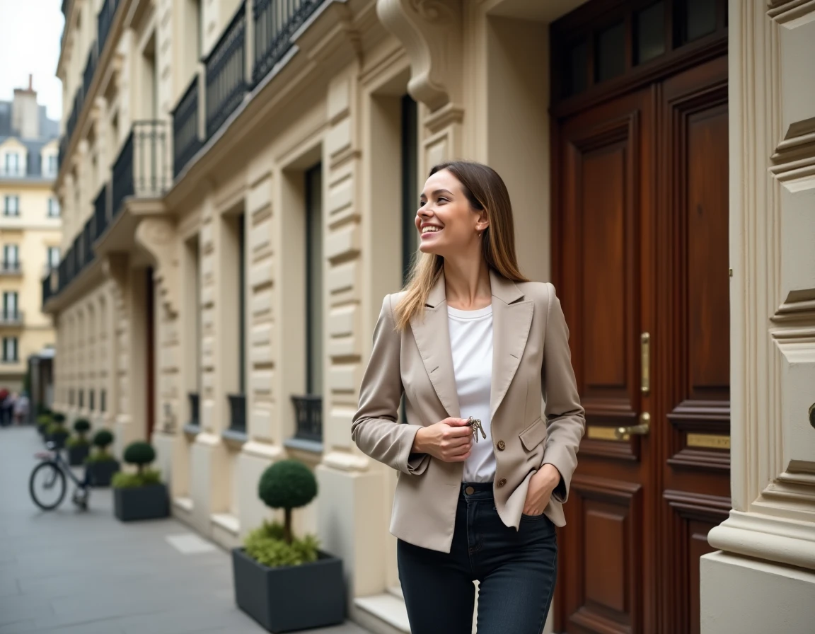 Jeune femme professionnelle tenant des clés devant un immeuble haussmannien parisien, illustrant la recherche de logement à Paris via une annonce immobilière