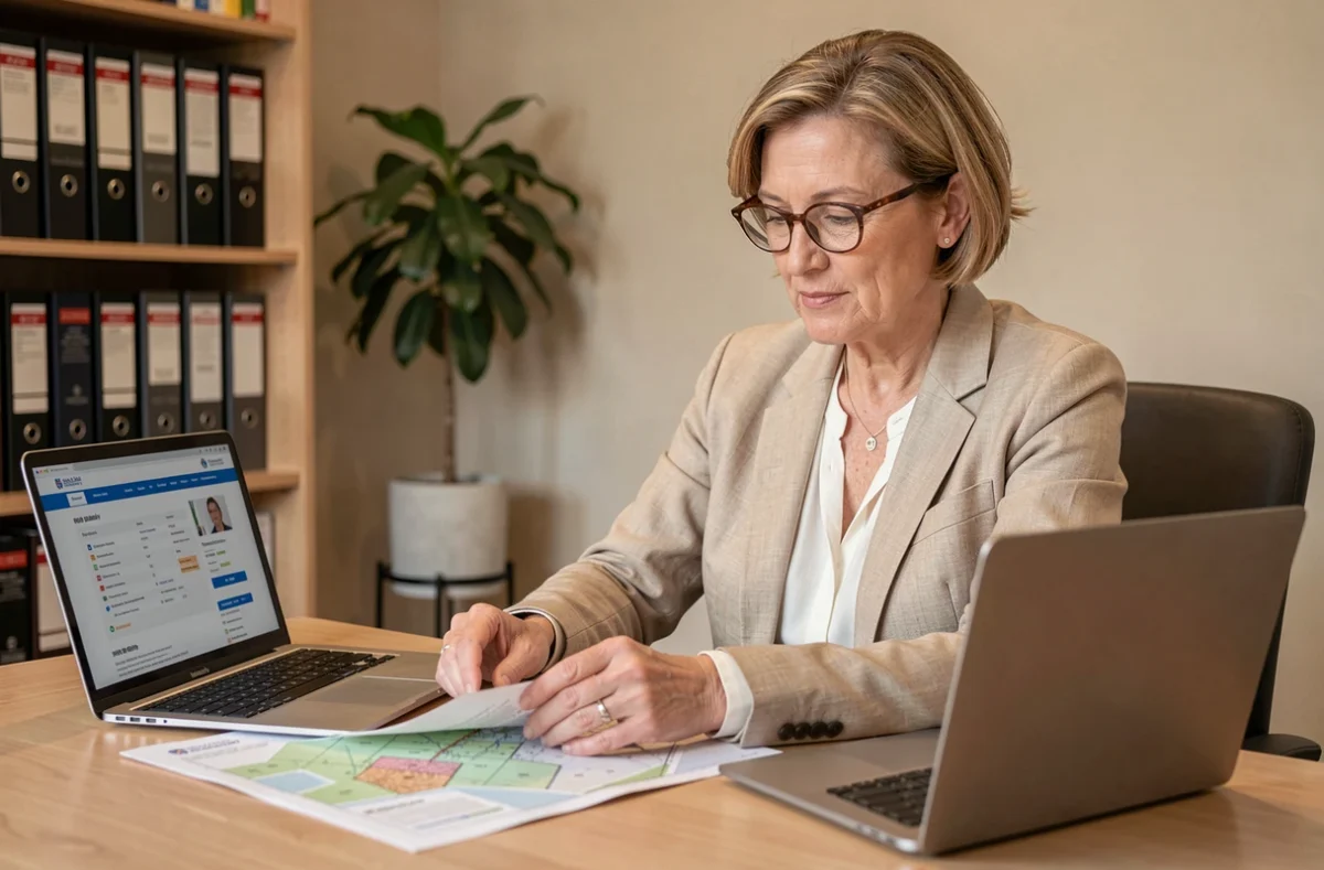 Femme consultant des documents cadastraux et le registre foncier en ligne pour identifier le propriétaire d'un bien immobilier