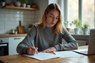 Femme rédigeant une lettre de préavis de location à la main dans une cuisine d'appartement