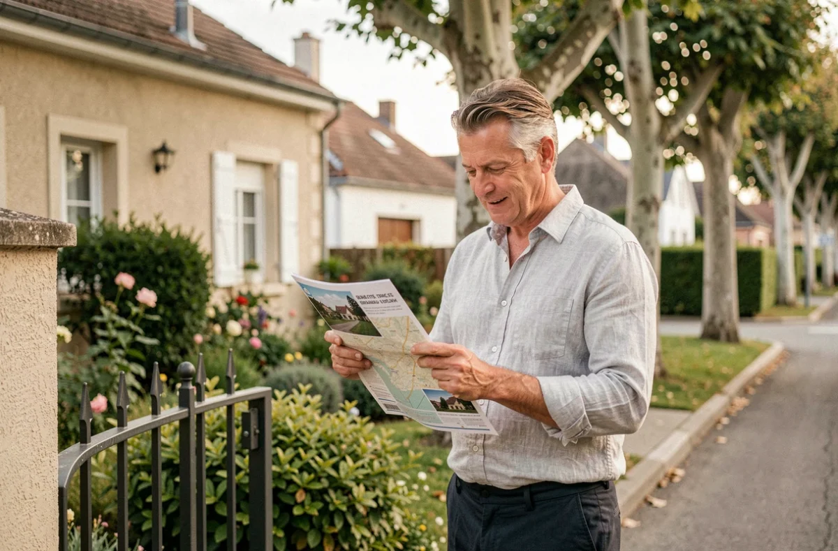 Résident d'un quartier pavillonnaire français consultant un document devant son portail dans une rue résidentielle calme