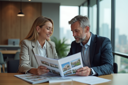 Couple d'affaires examinant un portfolio immobilier en intérieur