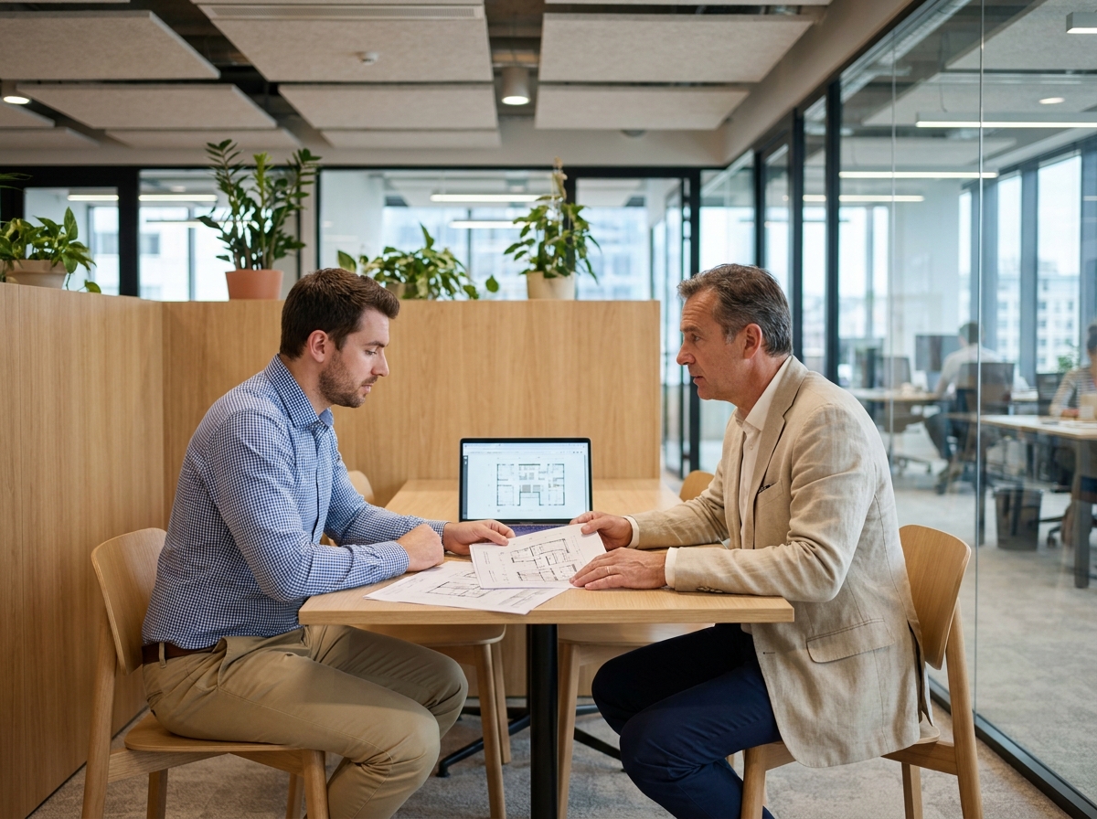 Deux professionnels discutant de la planification de bureaux dans un espace de coworking moderne à Lyon