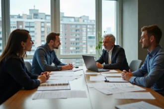 Groupe de quatre adultes en réunion de travail dans un appartement