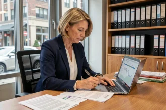 Femme d'affaires révisant un contrat de bail commercial avec des documents INSEE et un ordinateur portable dans un bureau professionnel