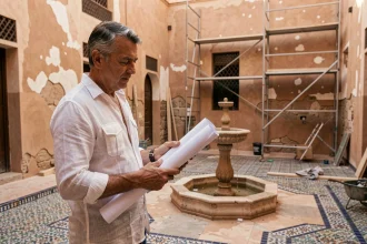 Architecte examinant un riad à rénover à Marrakech avec des murs en pierre apparente et des travaux en cours