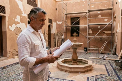 Architecte examinant un riad à rénover à Marrakech avec des murs en pierre apparente et des travaux en cours