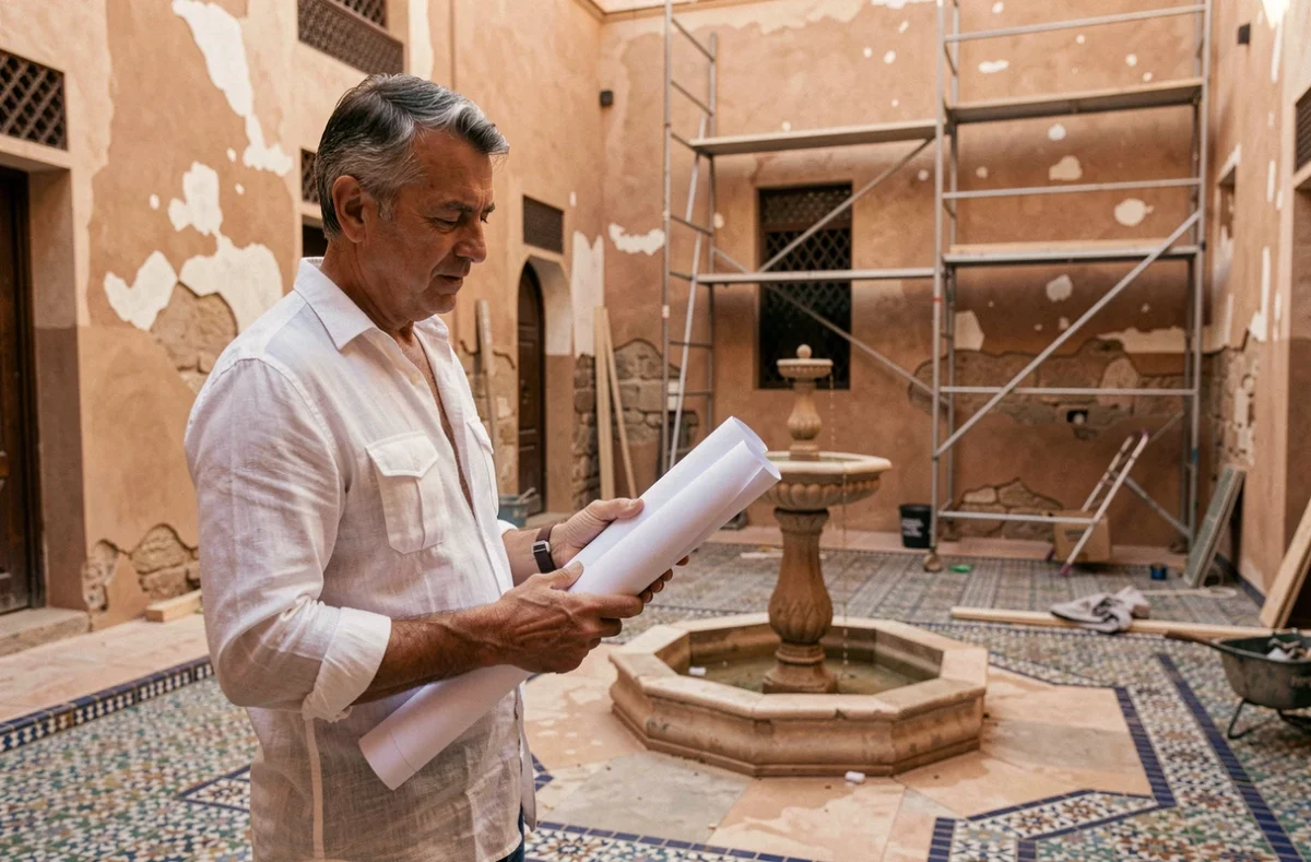 Architecte examinant un riad à rénover à Marrakech avec des murs en pierre apparente et des travaux en cours