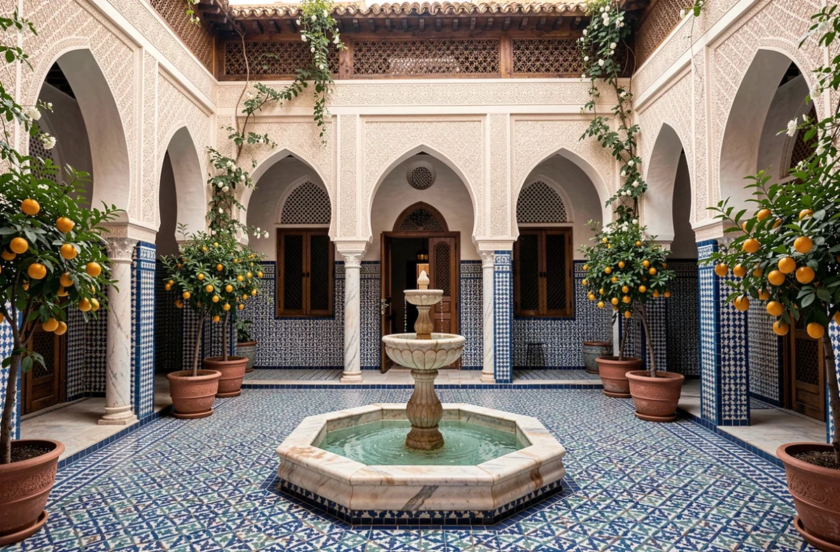Cour intérieure d'un riad entièrement rénové à Marrakech avec zellij, fontaine en marbre et arches en stuc sculpté