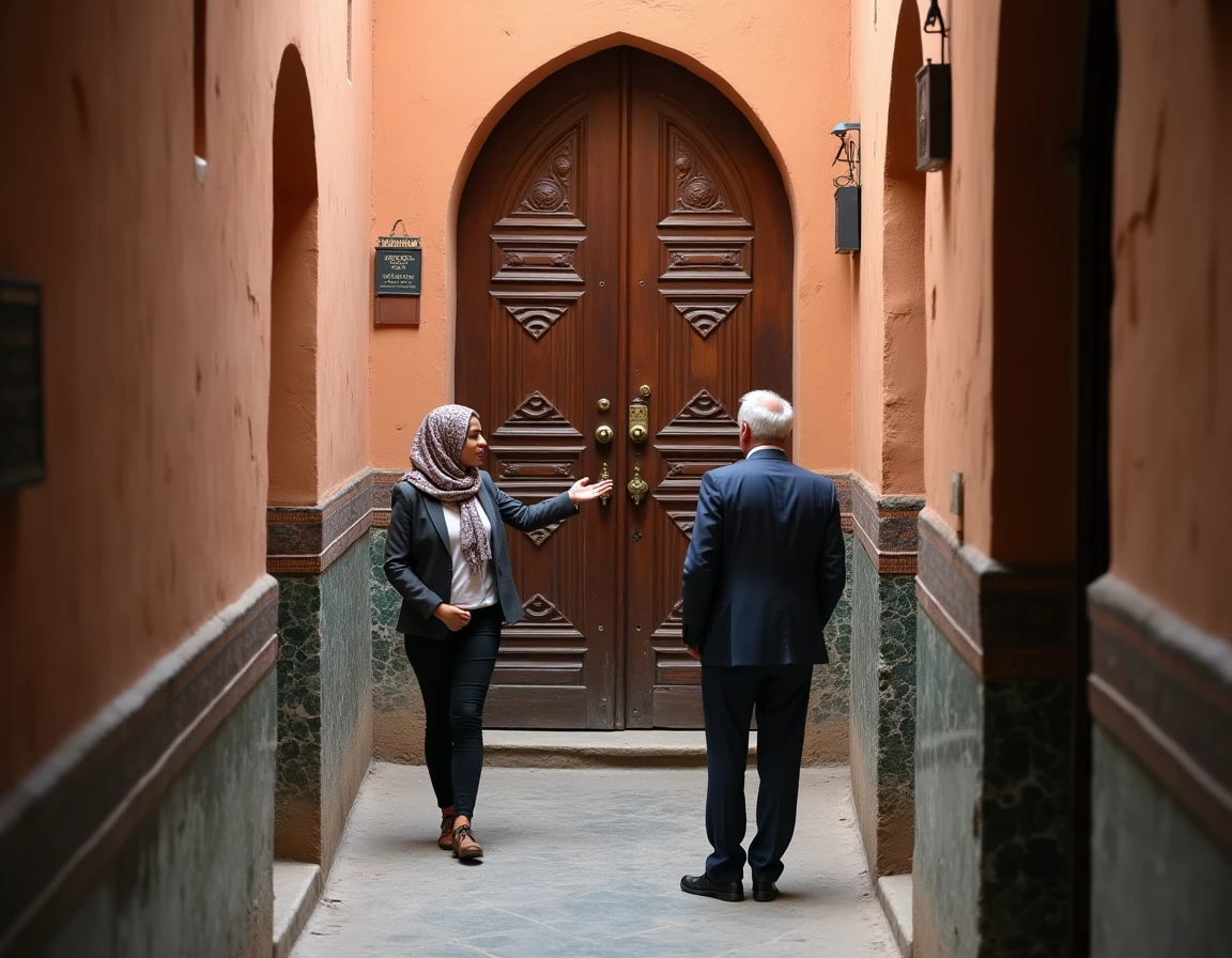 Ruelle étroite de la médina de Marrakech avec porte ancienne en bois sculpté d'un riad en vente et agent immobilier