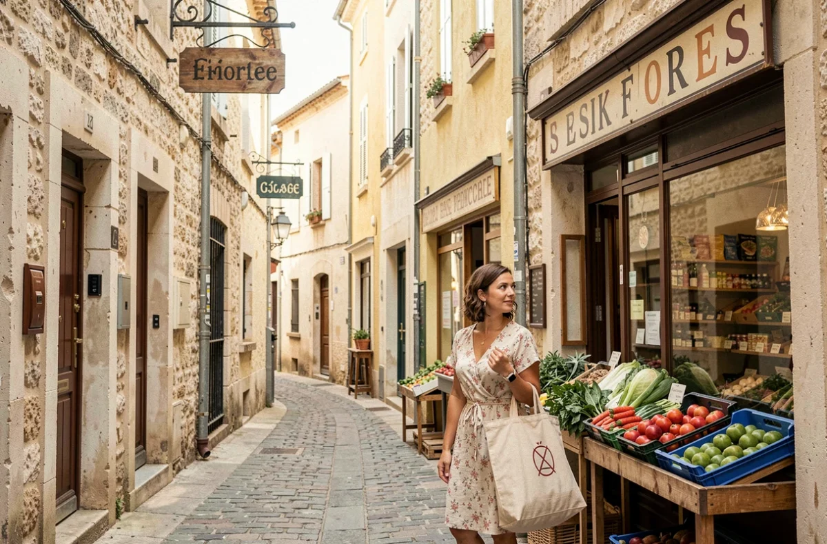 Ruelle commerçante d'un ancien quartier de Montpellier avec une femme devant une épicerie locale