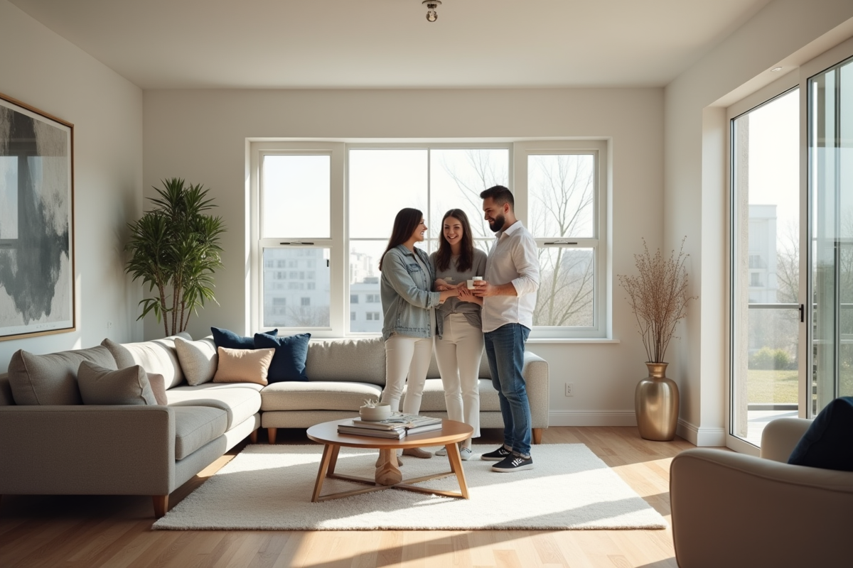 Famille heureuse dans un salon rénové et lumineux