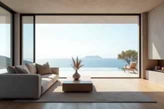 Salon moderne avec vue panoramique sur la mer et baies vitrées coulissantes, valorisant une maison en bord de mer