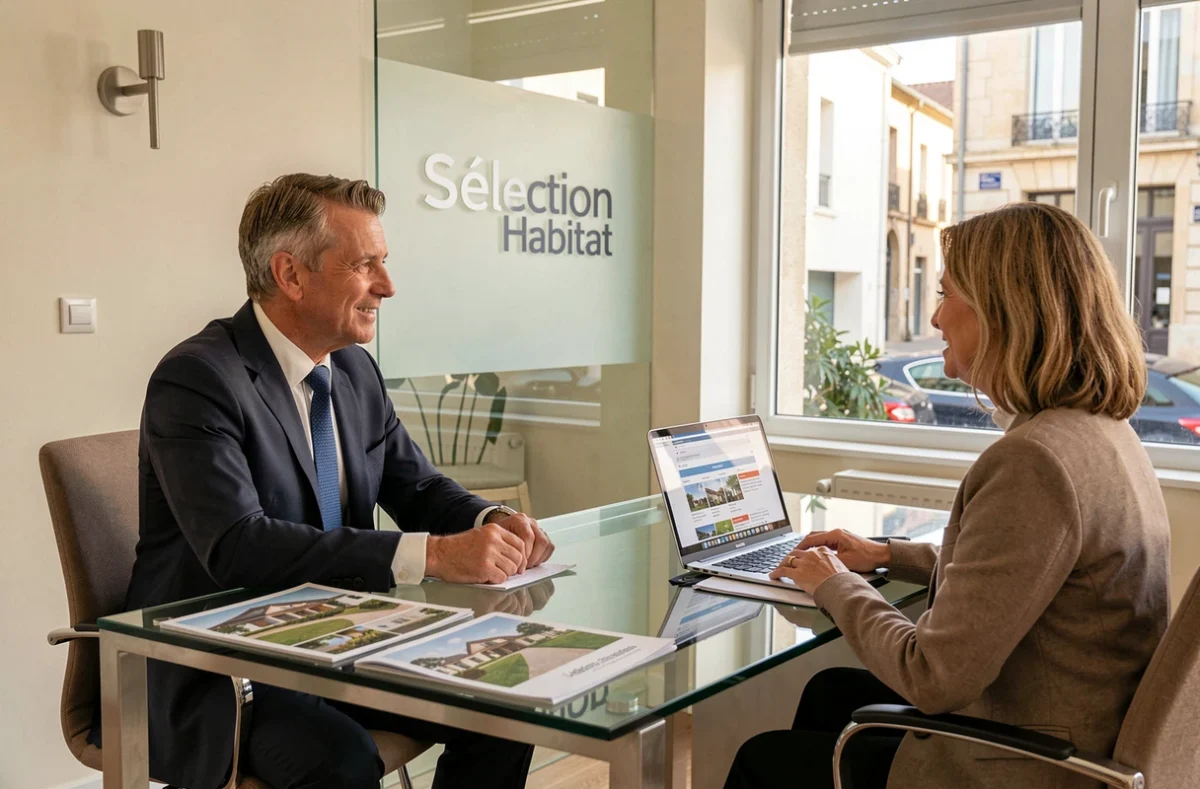 Conseiller de Sélection Habitat en réunion de consultation avec un couple dans un bureau immobilier élégant à Rodez