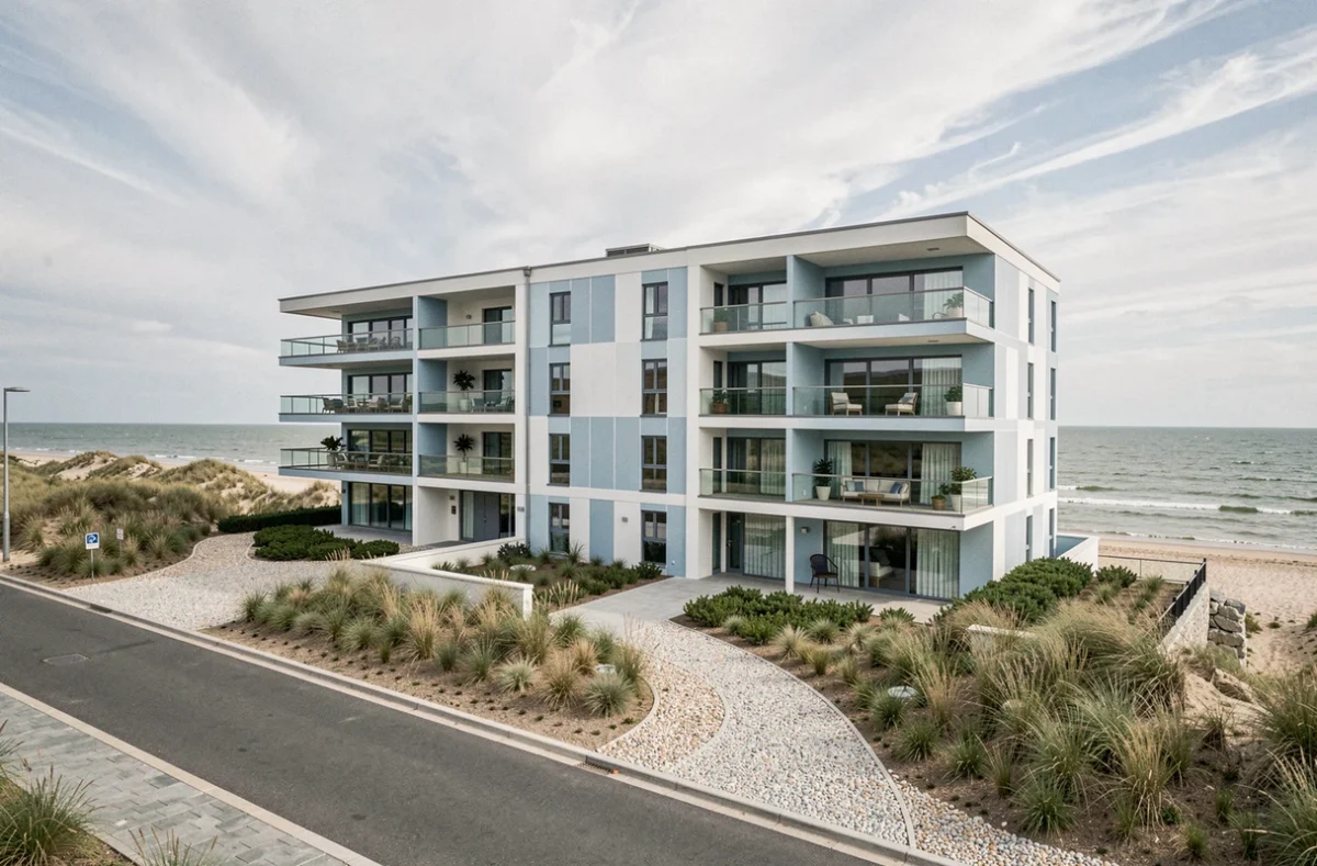 Résidence neuve en bord de mer sur la Côte d'Opale, programme Sigla Neuf avec balcons vitrés face à la Manche