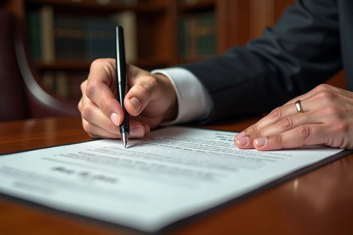 Gros plan de mains signant un acte notarié lors d'une transaction en viager sur une table en bois verni