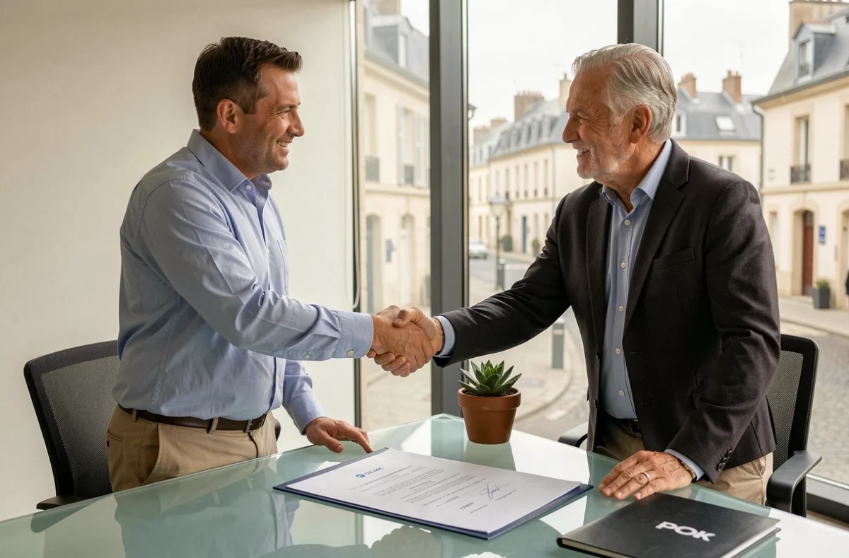 Poignée de main entre un agent immobilier et un client après la signature sécurisée d'un contrat de vente immobilière dans une agence professionnelle