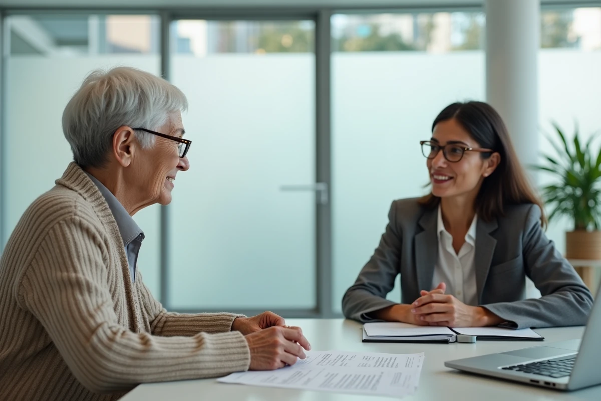 Une retraitée et une conseillère immobilière discutant d'un contrat de viager autour d'une table dans un bureau moderne