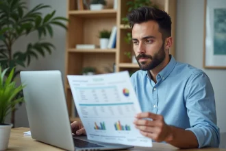 Propriétaire immobilier analysant un simulateur de rentabilité locative sur ordinateur portable avec des feuilles de calcul de charges et fiscalité