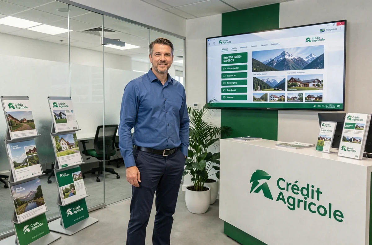 Conseiller Square Habitat Savoie dans une agence aux couleurs du Crédit Agricole avec annonces de biens immobiliers alpins