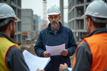 Superviseur de chantier en veste navy et casque blanc surveillant des ouvriers