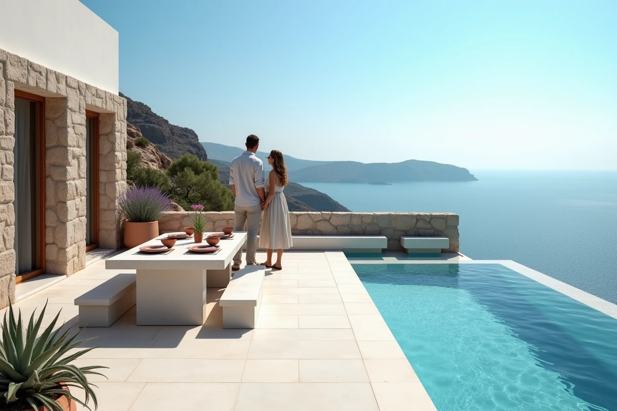 Terrasse en pierre avec piscine à débordement sur une villa méditerranéenne vue sur la mer, couple admirant l'horizon