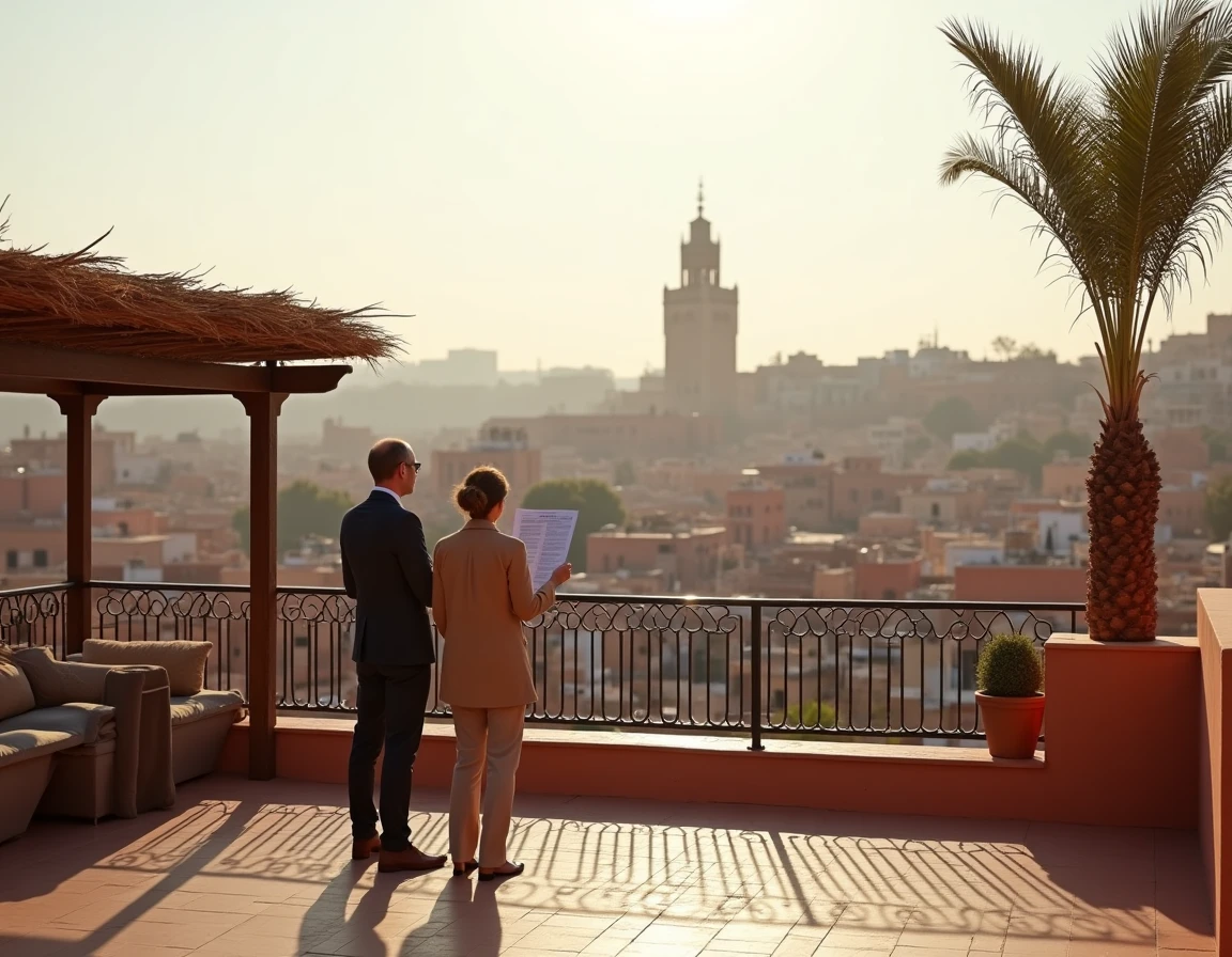 Terrasse d'un riad à vendre dans la médina de Marrakech avec vue panoramique sur les toits et le minaret de la Koutoubia