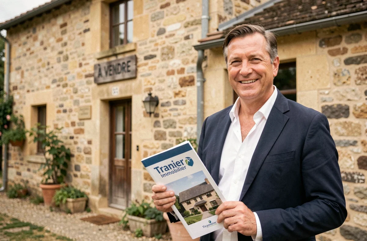 Agent immobilier de Tranier Immobilier devant une maison en pierre typique de l'Aveyron avec panneau À Vendre