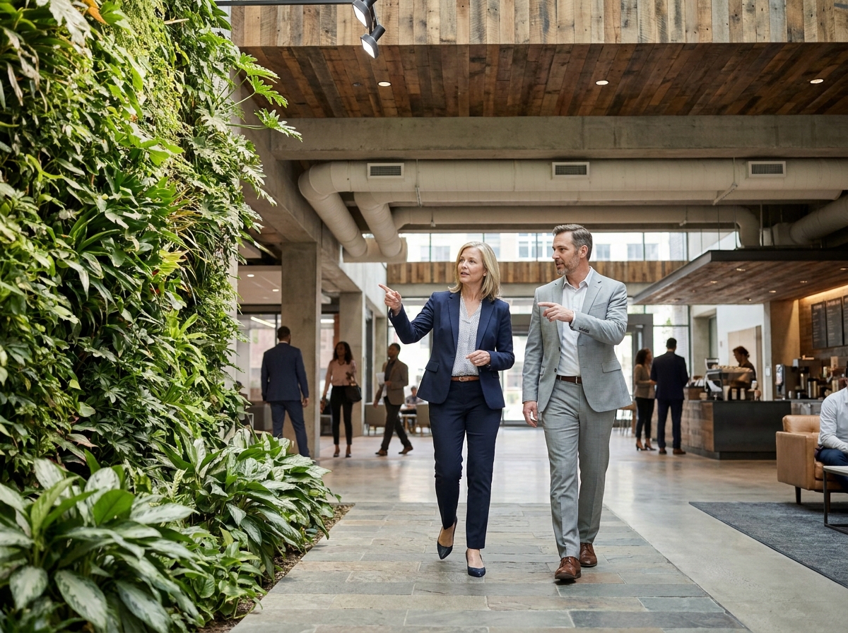 Deux professionnels de l'immobilier discutant de la valorisation durable d'un actif certifié bâtiment vert dans un atrium écologique