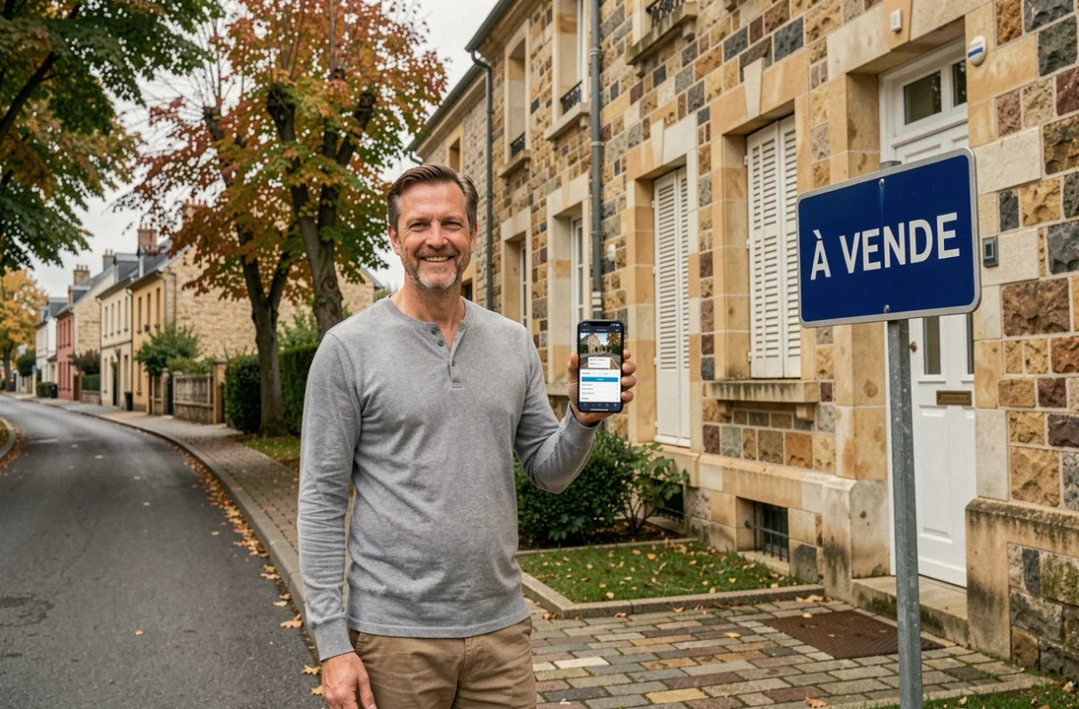 Vendeur immobilier devant sa maison utilisant Limmomalin.fr sur smartphone en 2026