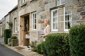 Femme tenant un dossier immobilier devant une maison en pierre bretonne à vendre dans le Morbihan